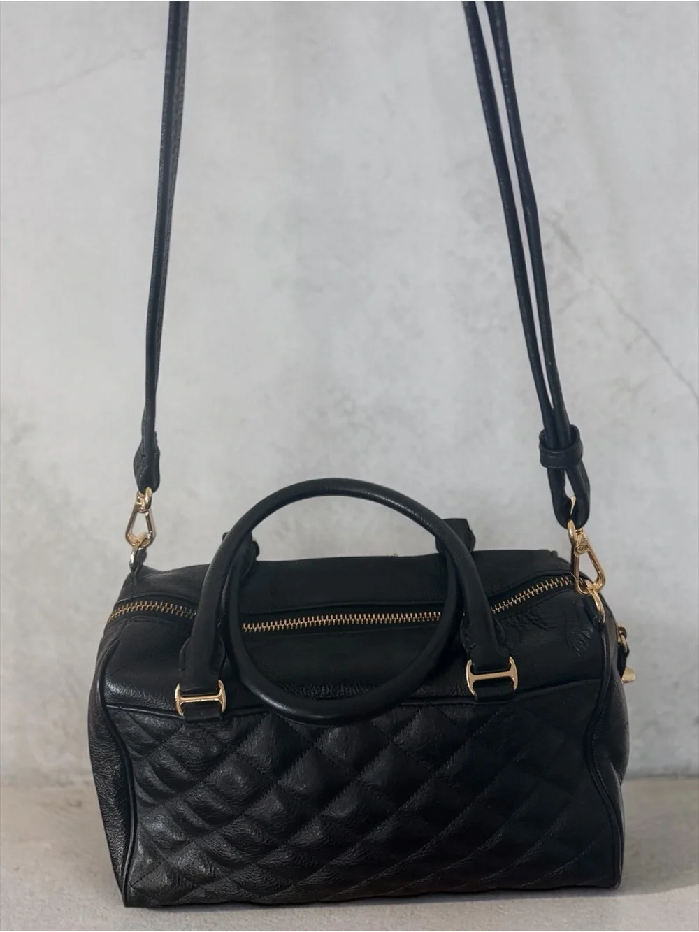 Rebecca Minkoff Quilted Leather Satchel Crossbody Black Gold Hardware Handle Bag